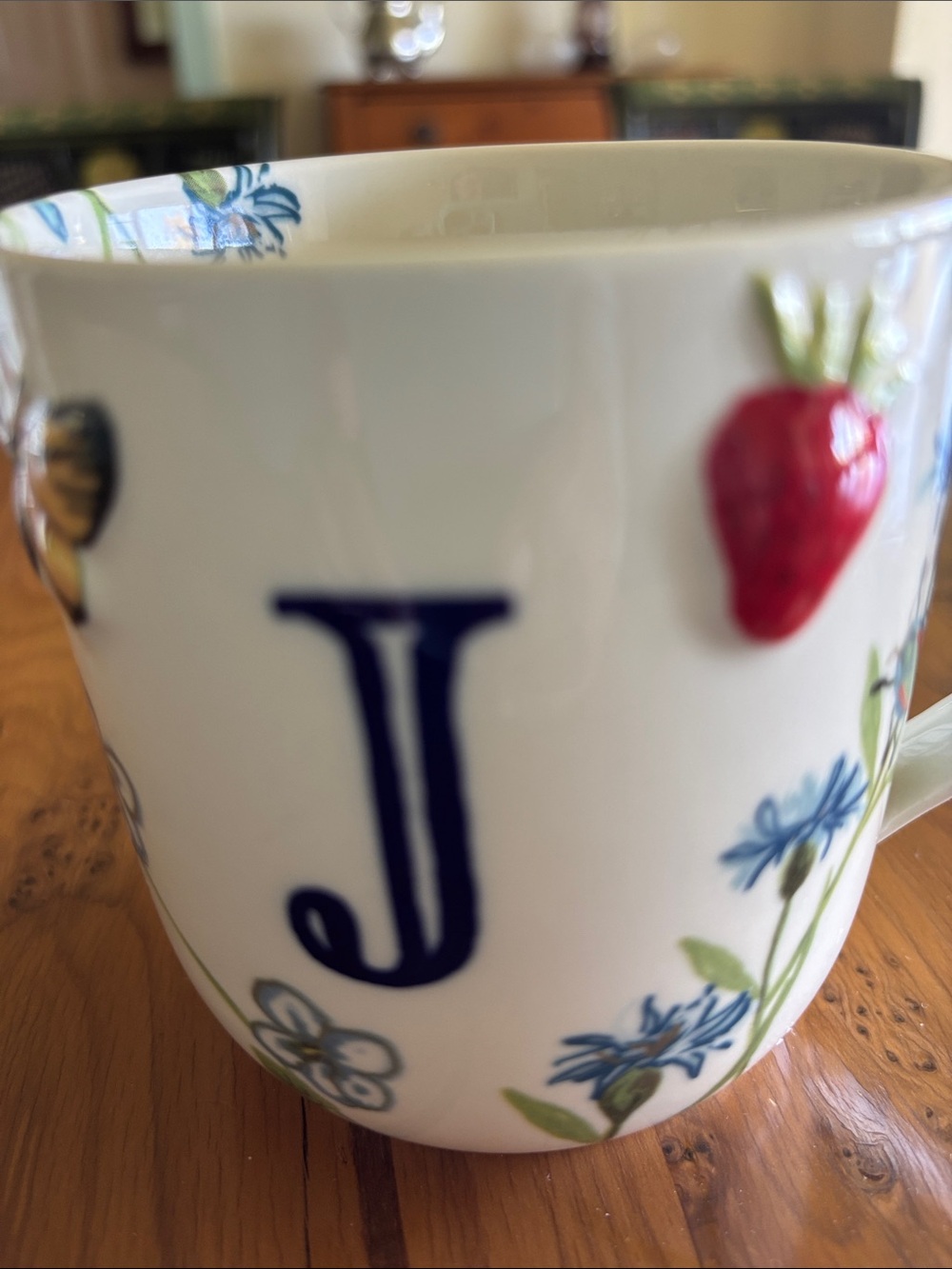 Anthropologie Monarch Monogrammed Mug with Blue Letter J and Floral Accents
